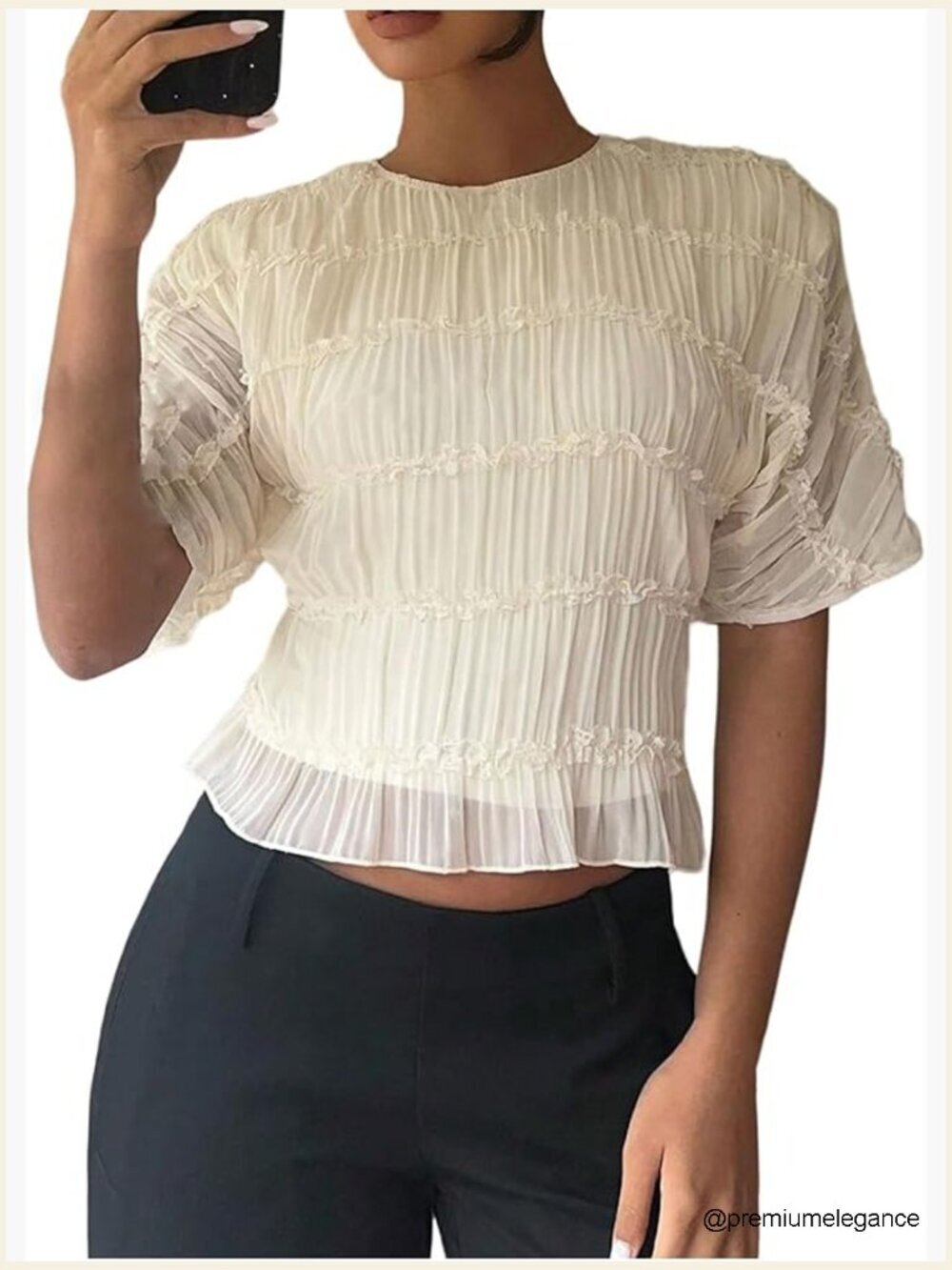 Smocked Textured Tee Shirred Top Fitted Crew Neck Ruffle Short Sleeve T-Shirt